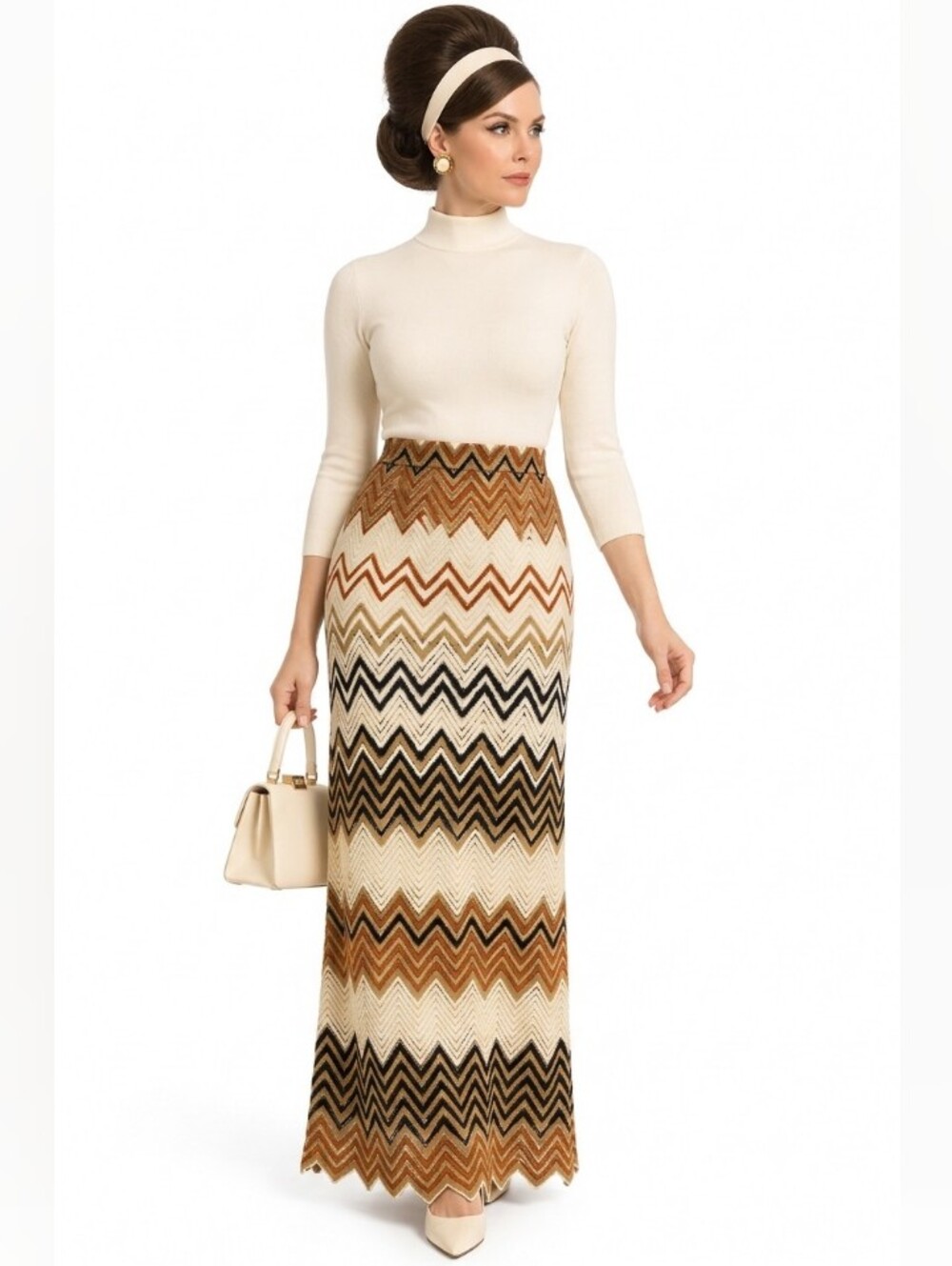 NWOT Medium Women’s Chevron Maxi Skirt in Neutral Tones